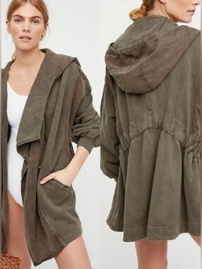Free People C’MON CARDI - Oversized Moss-Green Waterfall Hooded Zip Front Boho M